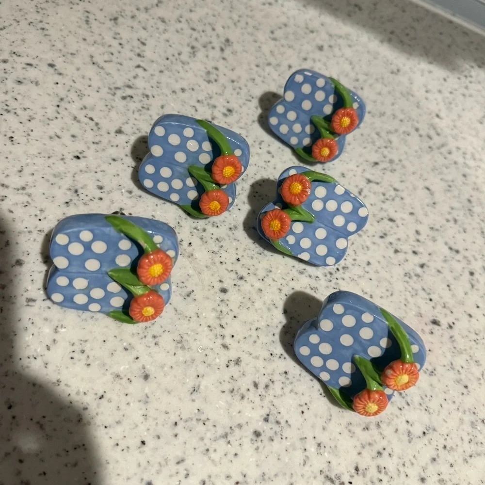 Blue Polka Dot Hand Painted Ceramic Flip Flops Beach bathroom cabinet knobs